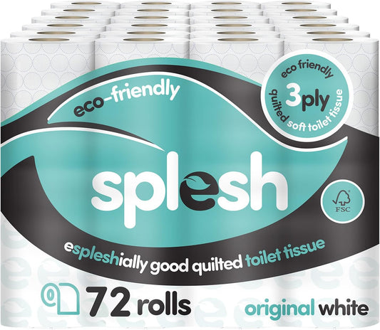 Splesh by Cusheen Toilet Roll Bulk Buy - Eco-Friendly, Soft & Quilted Luxury 3-Ply Toilet Paper, Made from Sustainably Sourced Pulp (72 Pack)